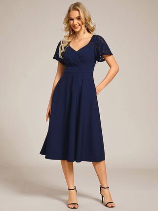 Short Sleeve Ruffle Sweetheart A-Line High Stretch Midi Wedding Guest Dress