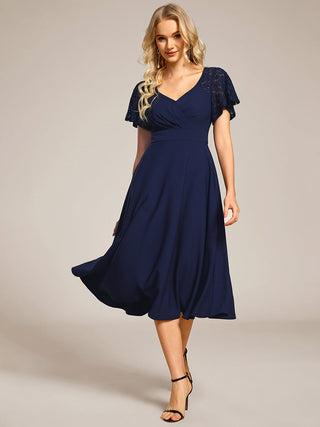 Short Sleeve Ruffle Sweetheart A-Line High Stretch Midi Wedding Guest Dress