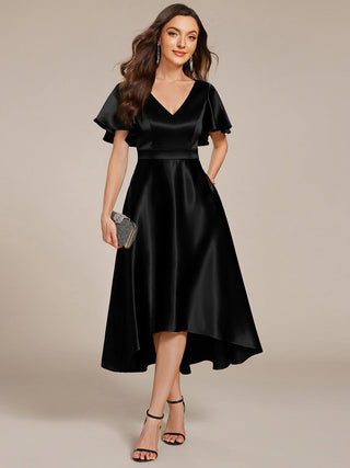 Elegant Ruffles Sleeve Midi Length Satin Wedding Guest Dresses with Asymmetrical Hem