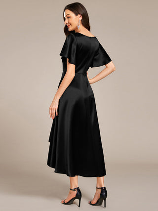 Elegant Ruffles Sleeve Midi Length Satin Wedding Guest Dresses with Asymmetrical Hem