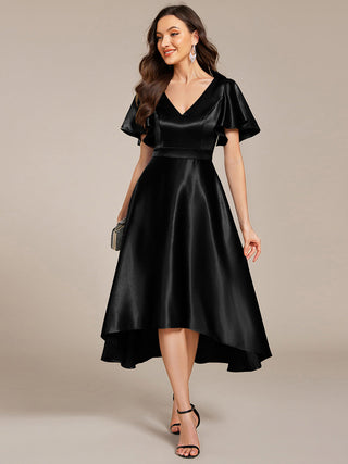 Elegant Ruffles Sleeve Midi Length Satin Wedding Guest Dresses with Asymmetrical Hem