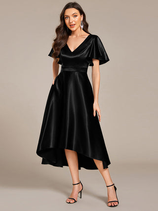 Elegant Ruffles Sleeve Midi Length Satin Wedding Guest Dresses with Asymmetrical Hem
