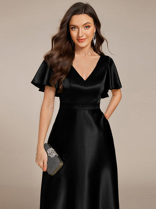 Elegant Ruffles Sleeve Midi Length Satin Wedding Guest Dresses with Asymmetrical Hem