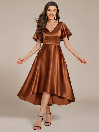 Elegant Ruffles Sleeve Midi Length Satin Wedding Guest Dresses with Asymmetrical Hem