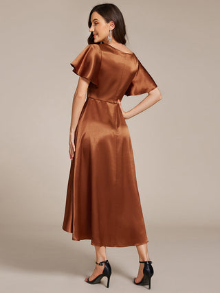 Elegant Ruffles Sleeve Midi Length Satin Wedding Guest Dresses with Asymmetrical Hem