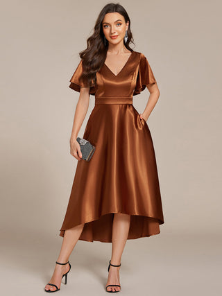 Elegant Ruffles Sleeve Midi Length Satin Wedding Guest Dresses with Asymmetrical Hem