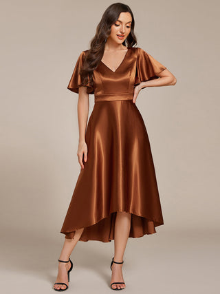Elegant Ruffles Sleeve Midi Length Satin Wedding Guest Dresses with Asymmetrical Hem