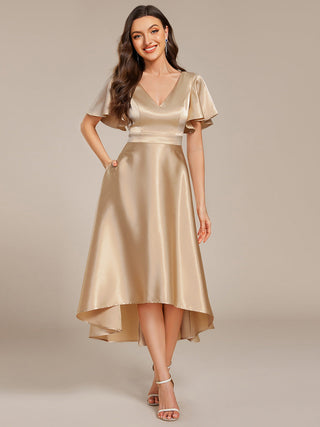 Elegant Ruffles Sleeve Midi Length Satin Wedding Guest Dresses with Asymmetrical Hem