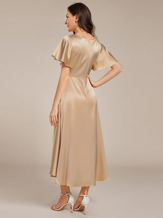 Elegant Ruffles Sleeve Midi Length Satin Wedding Guest Dresses with Asymmetrical Hem