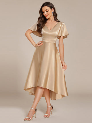 Elegant Ruffles Sleeve Midi Length Satin Wedding Guest Dresses with Asymmetrical Hem