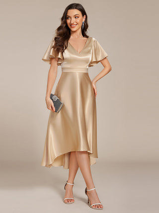 Elegant Ruffles Sleeve Midi Length Satin Wedding Guest Dresses with Asymmetrical Hem