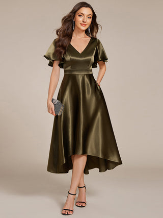 Elegant Ruffles Sleeve Midi Length Satin Wedding Guest Dresses with Asymmetrical Hem