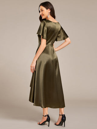 Elegant Ruffles Sleeve Midi Length Satin Wedding Guest Dresses with Asymmetrical Hem