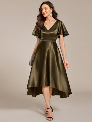 Elegant Ruffles Sleeve Midi Length Satin Wedding Guest Dresses with Asymmetrical Hem