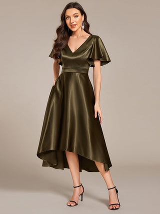 Elegant Ruffles Sleeve Midi Length Satin Wedding Guest Dresses with Asymmetrical Hem