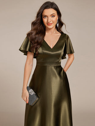 Elegant Ruffles Sleeve Midi Length Satin Wedding Guest Dresses with Asymmetrical Hem