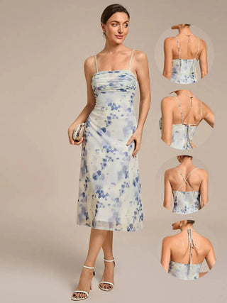 Sleeveless High Stretch A-Line Cowl Neck Midi Wedding Guest Dresses