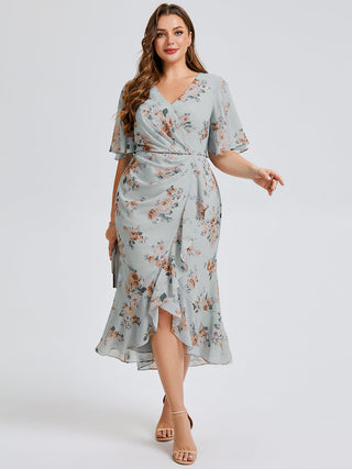 Plus Size Short Sleeve Ruffle V-Neck Fishtail High-Low Wedding Guest Dresses