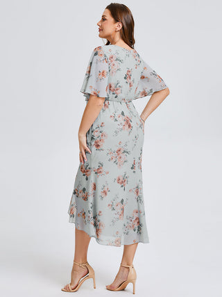 Plus Size Short Sleeve Ruffle V-Neck Fishtail High-Low Wedding Guest Dresses