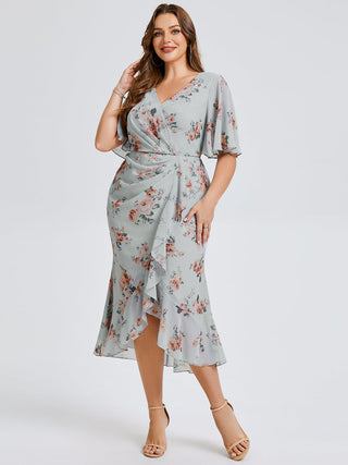 Plus Size Short Sleeve Ruffle V-Neck Fishtail High-Low Wedding Guest Dresses