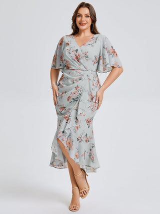 Plus Size Short Sleeve Ruffle V-Neck Fishtail High-Low Wedding Guest Dresses