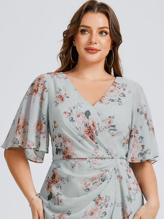 Plus Size Short Sleeve Ruffle V-Neck Fishtail High-Low Wedding Guest Dresses
