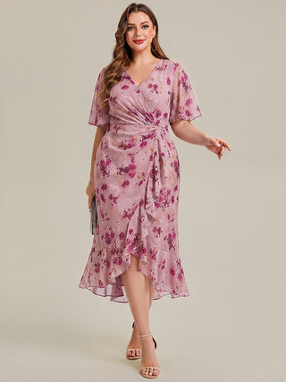 Plus Size Short Sleeve Ruffle V-Neck Fishtail High-Low Wedding Guest Dresses