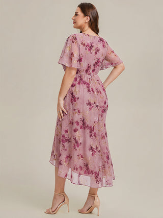Plus Size Short Sleeve Ruffle V-Neck Fishtail High-Low Wedding Guest Dresses