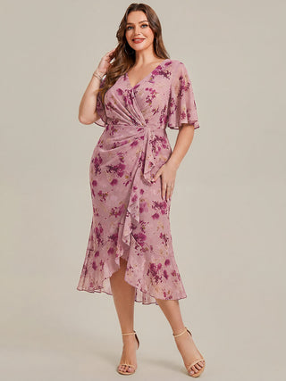 Plus Size Short Sleeve Ruffle V-Neck Fishtail High-Low Wedding Guest Dresses