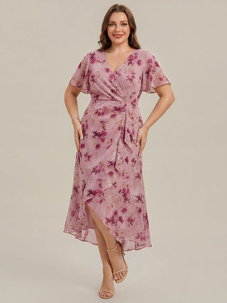 Plus Size Short Sleeve Ruffle V-Neck Fishtail High-Low Wedding Guest Dresses