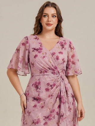 Plus Size Short Sleeve Ruffle V-Neck Fishtail High-Low Wedding Guest Dresses