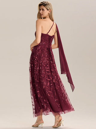 One Shoulder Sleeveless Sequin A-Line Maxi Wedding Guest Dress