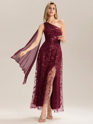 One Shoulder Sleeveless Sequin A-Line Maxi Wedding Guest Dress