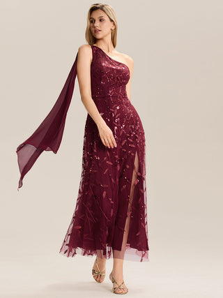 One Shoulder Sleeveless Sequin A-Line Maxi Wedding Guest Dress