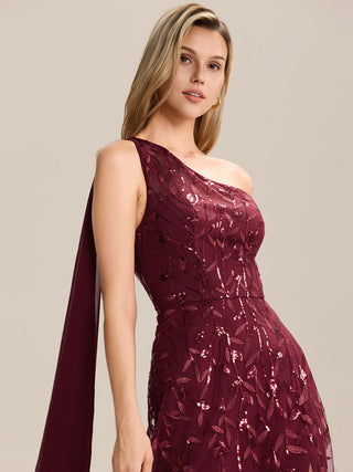 One Shoulder Sleeveless Sequin A-Line Maxi Wedding Guest Dress