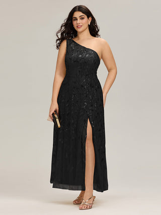 One Shoulder Sleeveless Sequin A-Line Maxi Wedding Guest Dress