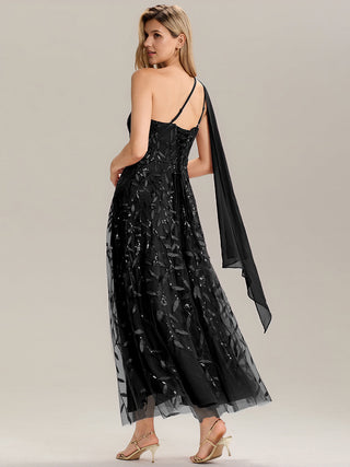 One Shoulder Sleeveless Sequin A-Line Maxi Wedding Guest Dress