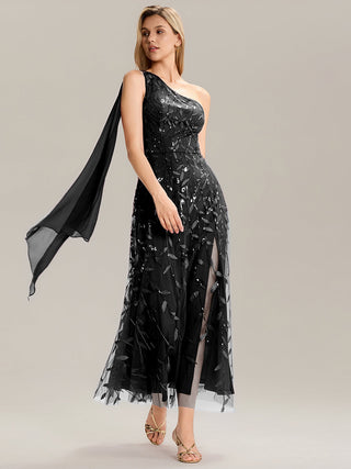 One Shoulder Sleeveless Sequin A-Line Maxi Wedding Guest Dress