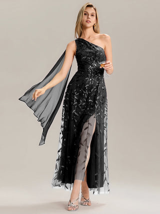 One Shoulder Sleeveless Sequin A-Line Maxi Wedding Guest Dress