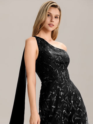 One Shoulder Sleeveless Sequin A-Line Maxi Wedding Guest Dress