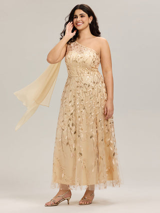 One Shoulder Sleeveless Sequin A-Line Maxi Wedding Guest Dress