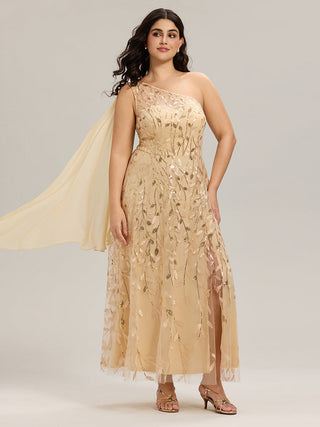 One Shoulder Sleeveless Sequin A-Line Maxi Wedding Guest Dress