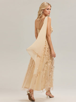 One Shoulder Sleeveless Sequin A-Line Maxi Wedding Guest Dress