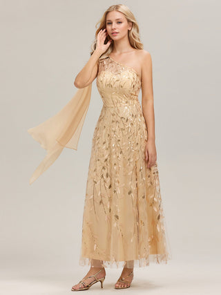 One Shoulder Sleeveless Sequin A-Line Maxi Wedding Guest Dress