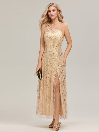 One Shoulder Sleeveless Sequin A-Line Maxi Wedding Guest Dress