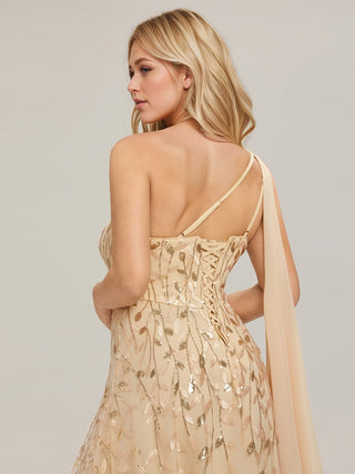 One Shoulder Sleeveless Sequin A-Line Maxi Wedding Guest Dress