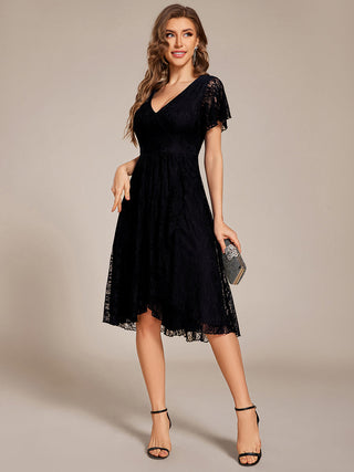 Short Sleeve Ruffled V-Neck A-Line Midi Wedding Guest Dress