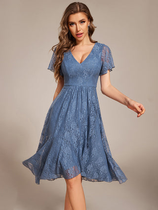 Short Sleeve Ruffled V-Neck A-Line Midi Wedding Guest Dress