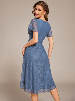 Short Sleeve Ruffled V-Neck A-Line Midi Wedding Guest Dress
