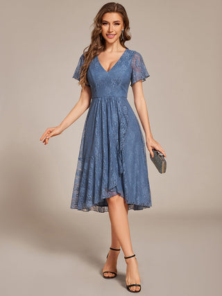Short Sleeve Ruffled V-Neck A-Line Midi Wedding Guest Dress